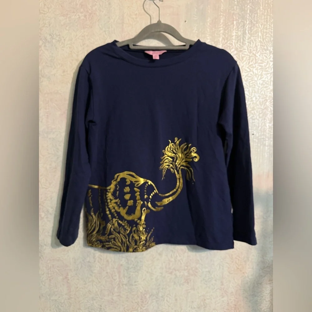 Lilly Pulitzer Navy Long-Sleeve Tee with Gold Elephant Motif, So Cute, Youth XL